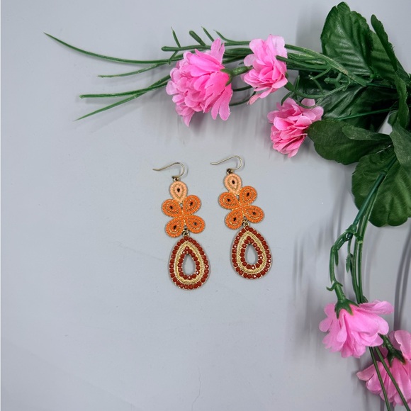 Stella & Dot Jewelry - Stella & Dot Signed Orange Floral Drop Earrings with Red Teardrop Accents